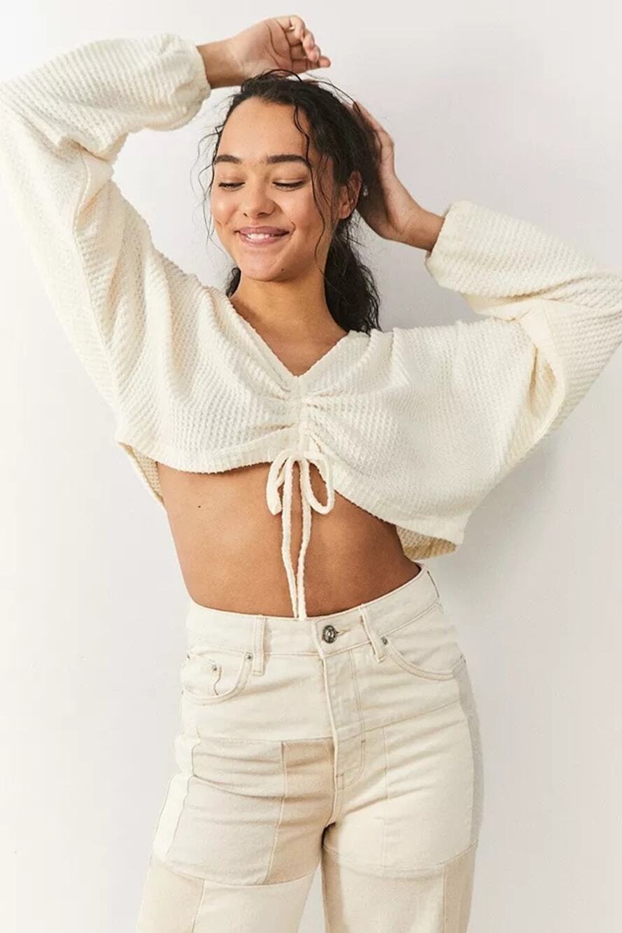 Urban Outfitters | Beige Sadie Cropped Waffle Knit Casual Preppy Long Sleeve